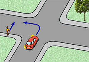 samoch�d skr�ca w drog� po kt�rej przechodzi pieszy