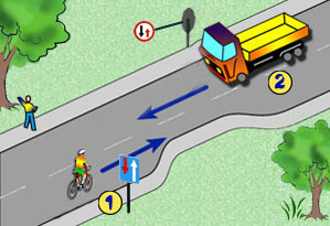 rowerzysta na zw�eniu ma pierwsze�stwo