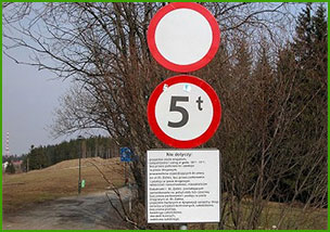 znak B-1 z tabliczką z bardzo długą listą wyjątków