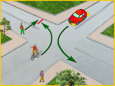 rowerzysta skręca w drogę po której przechodzi pieszy